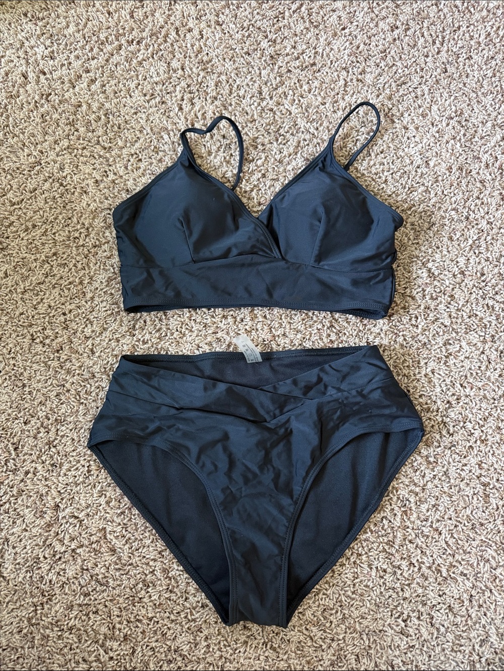 Black Two-Piece Bikini Set - V-Neck Top & High Waist Bottoms